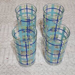 Vintage Set of Four Precidio Blue and Green Plaid Acrylic  Glass Tumblers